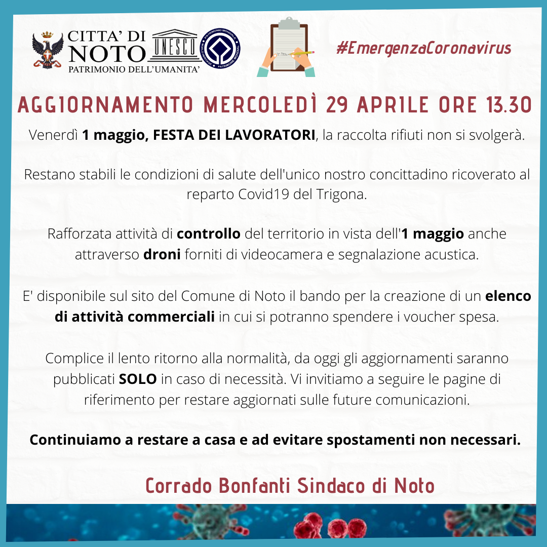 Coronavirus, aggiornamento 29 aprile ore 13.30