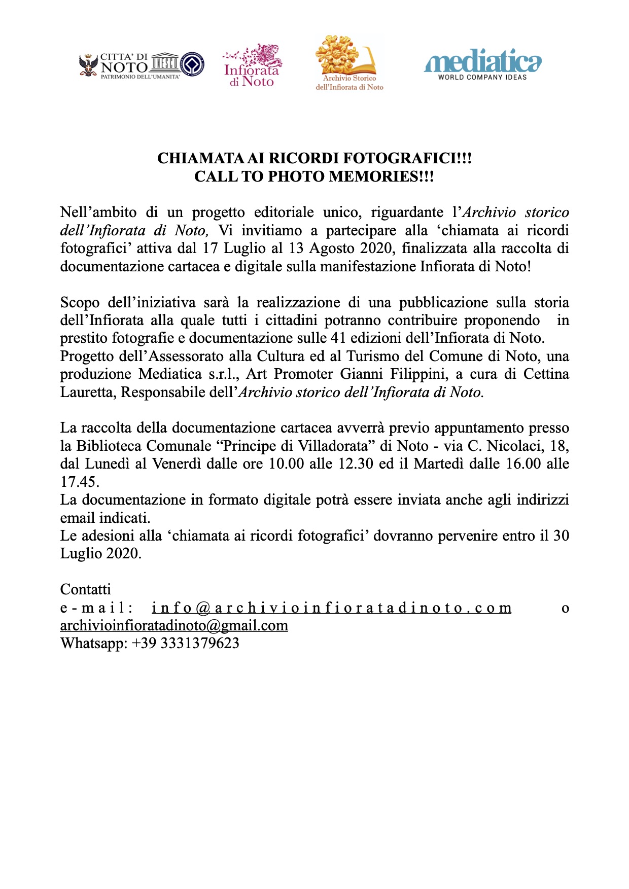 Infiorata di Noto, una chiamata per i ricordi fotografici per un importante progetto editoriale
