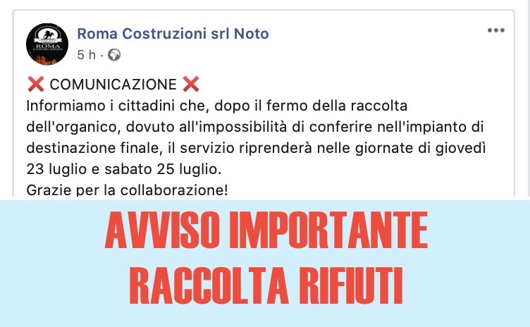 AVVISO IMPORTANTE: il ritiro dell'organico riprenderà giovedì e sabato