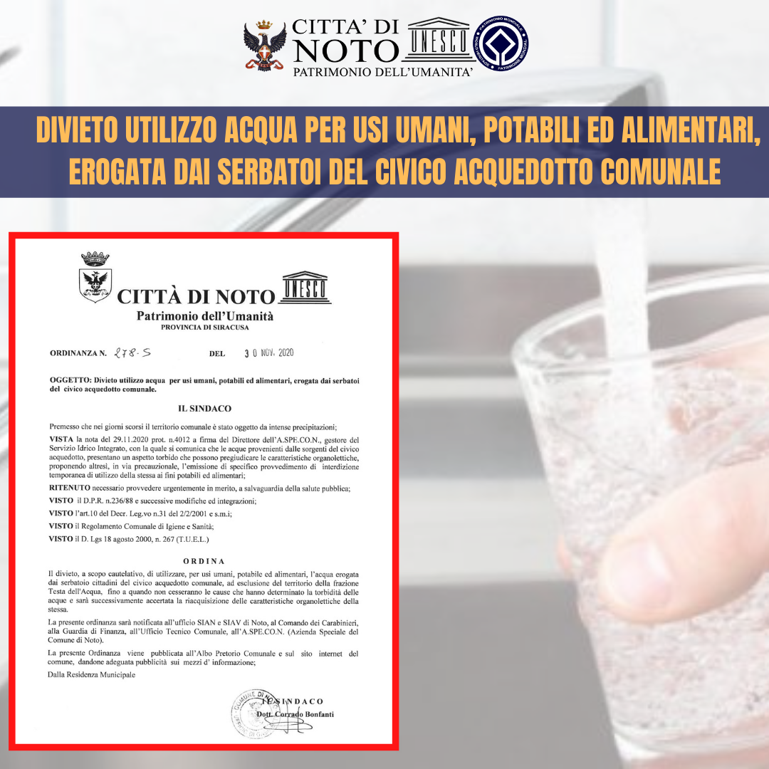 Divieto a scopo cautelativo dell'utilizzo dell'acqua erogata dai serbatoi comunali