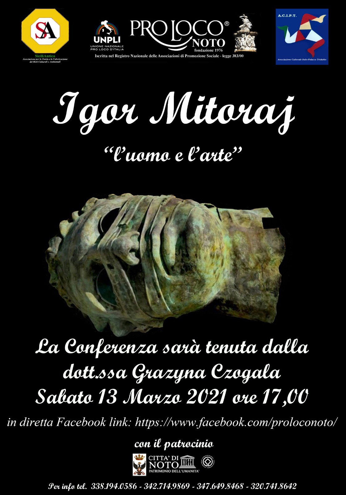 "Igor Mitoraj, l’uomo e l’arte", sabato 13 conferenza in diretta Facebook sulla pagina dell' Associazione Turistica Pro Noto