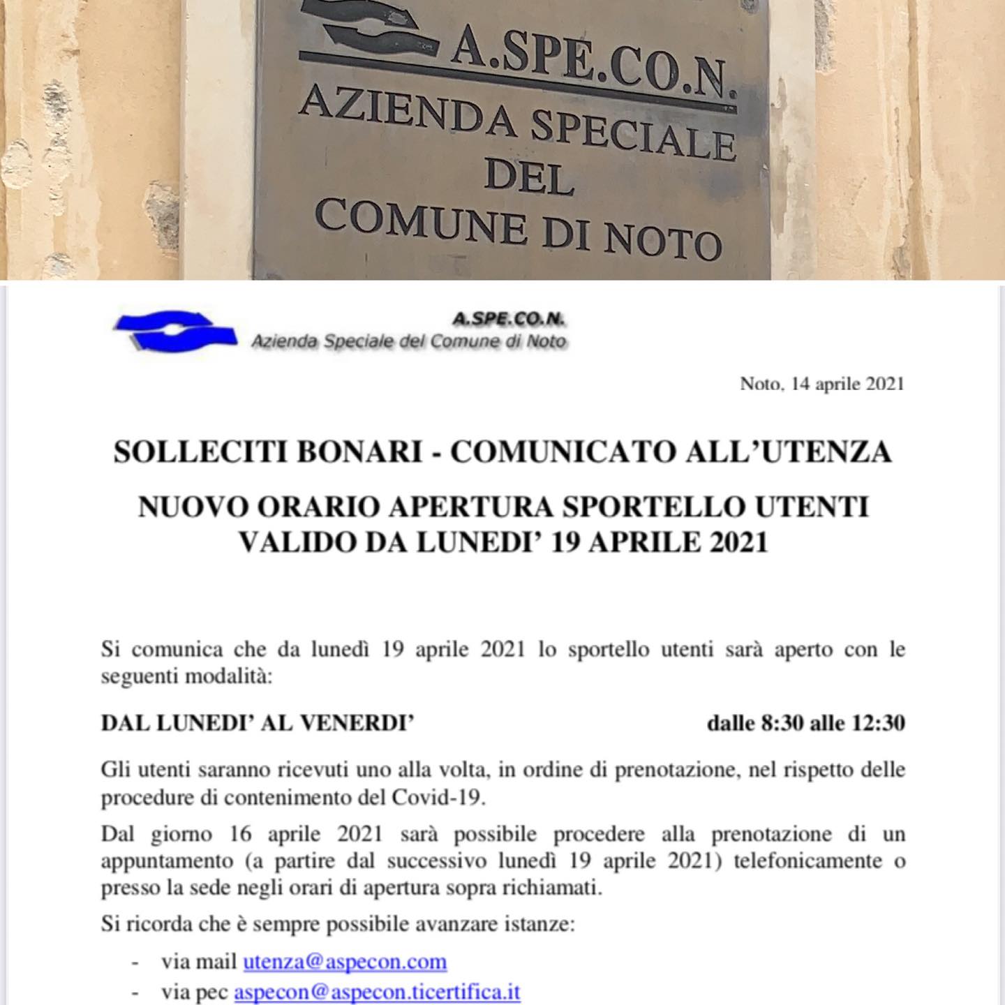 IMPORTANTE: Aspecon, nuovi orari di apertura sportello utenti. Necessaria la prenotazione 