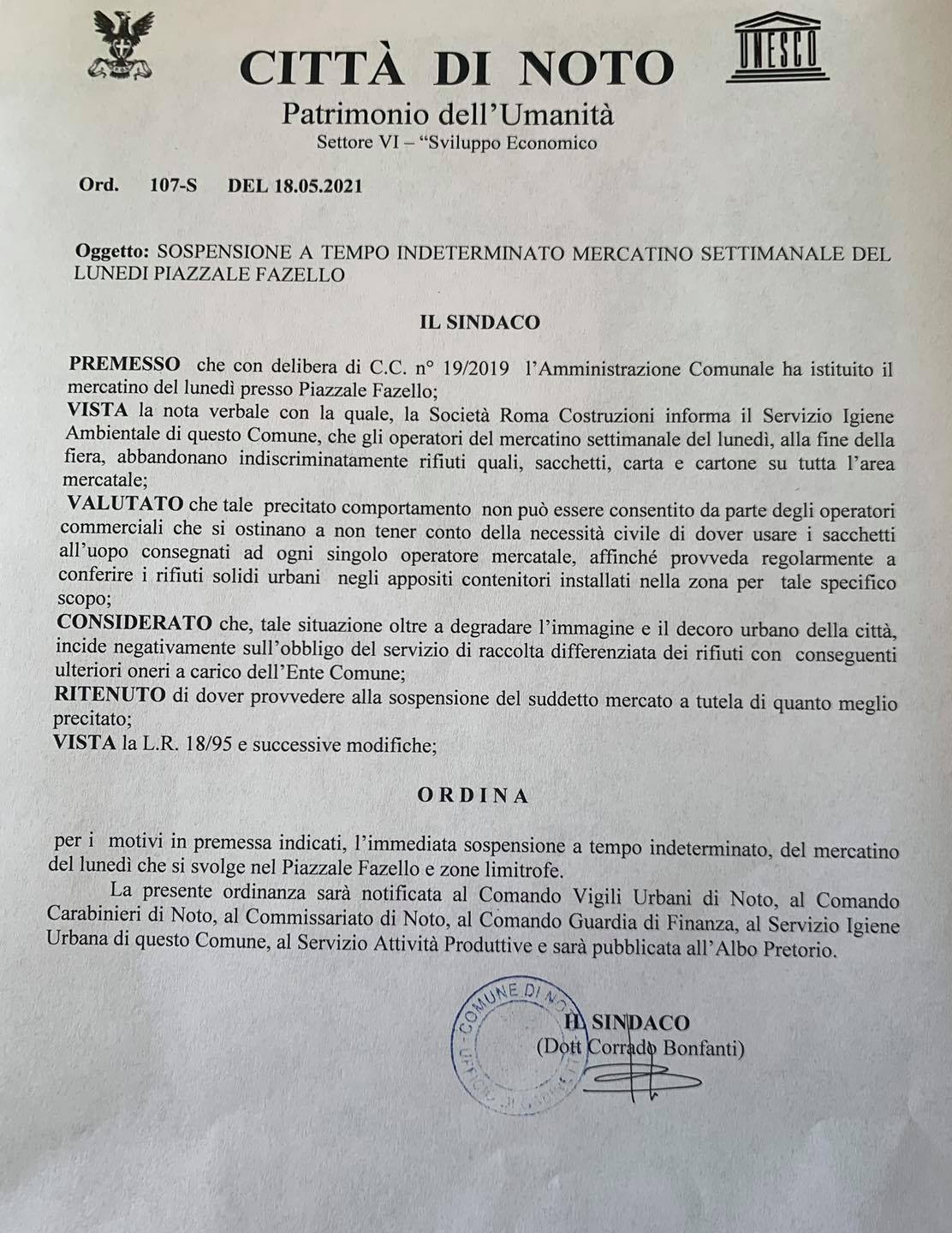 Sospensione a tempo indeterminato del mercatino del lunedì 