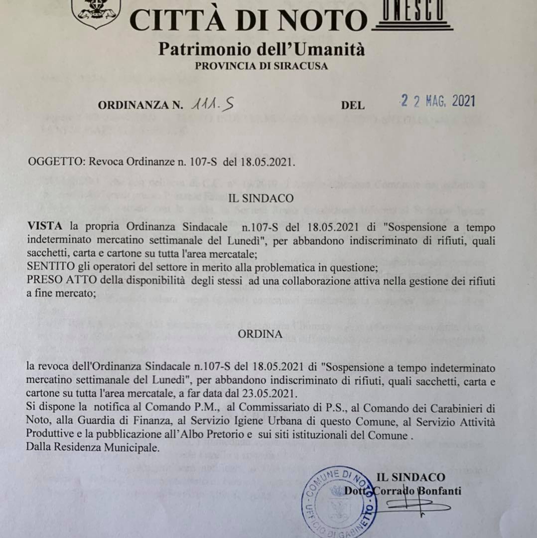 Revocata l'ordinanza di sospensione a tempo indeterminato del mercatino del lunedì 